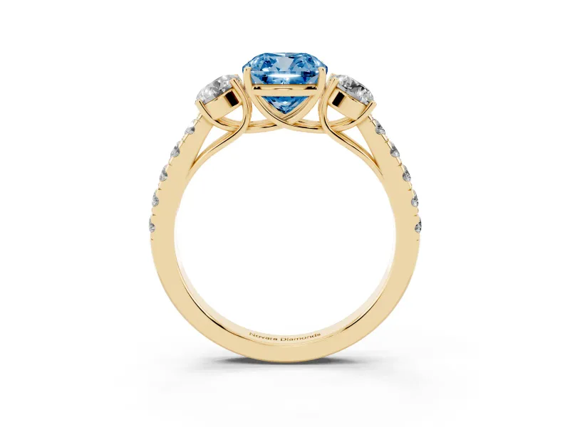 Cushion Cut Engagement Ring Setting for a Fancy Blue Lab-Grown Diamond | Three Stone | Yellow Gold