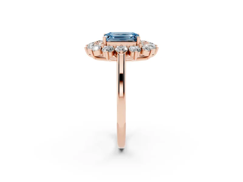 Emerald Cut Floral Double Halo Engagement Ring Setting for a Fancy Blue Lab-Grown Diamond | Plain Band | Rose Gold