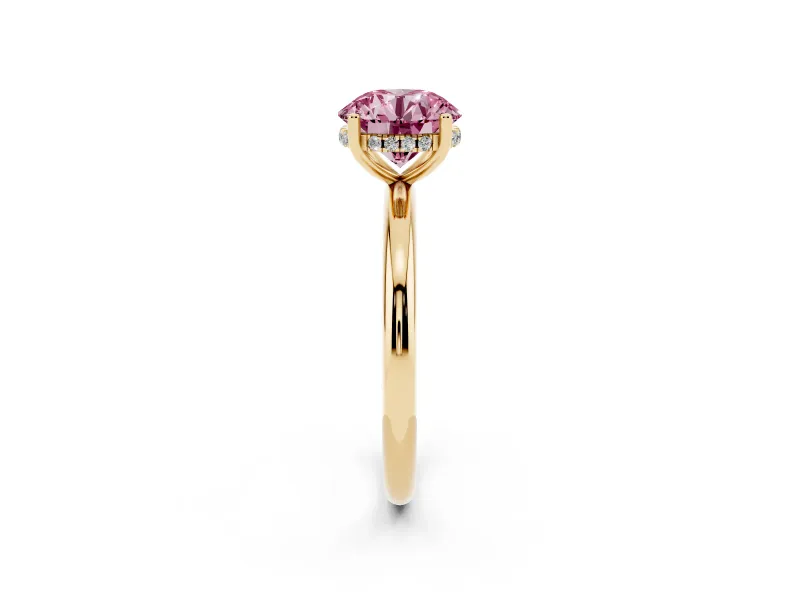 Round Micro-Prong Hidden Halo Engagement Ring Setting for a Fancy Pink Lab-Grown Diamond | Plain Band | Yellow Gold