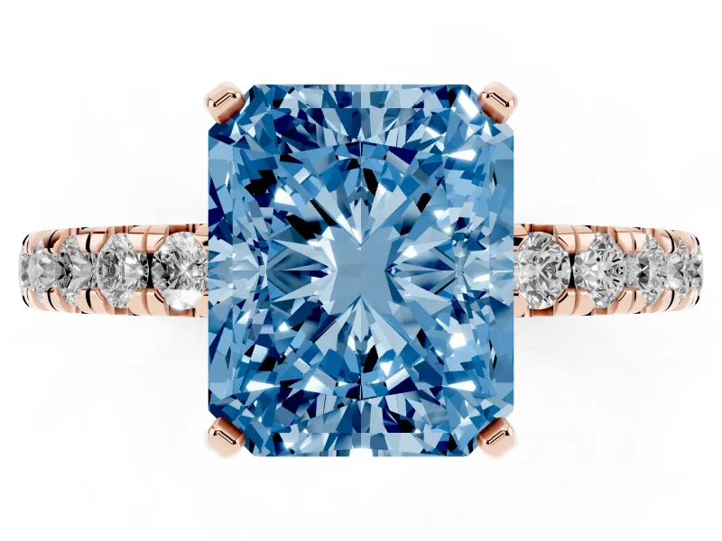 Fancy Blue Radiant Cut Diamond Pavé Solitaire Ring Set in Rose gold with Round Band and Prong Setting
