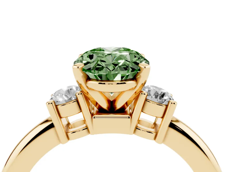 Oval Three Stone Engagement Ring Setting for a Fancy Green Lab-Grown Diamond | Round Side Stones | Yellow Gold