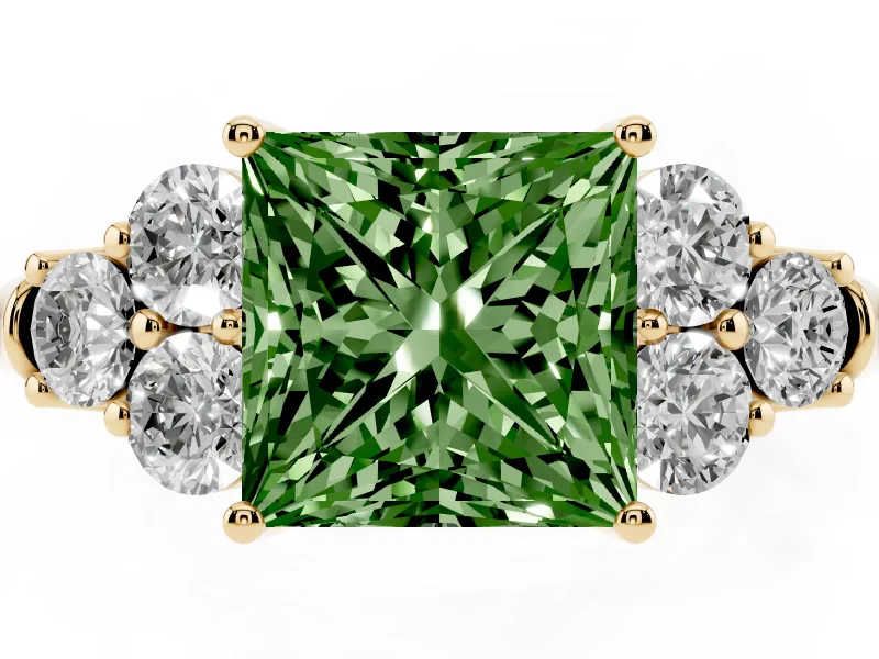 Fancy Green Princess Cut Diamond Cluster Ring Set in Yellow gold with Round Accent Stones and Prong Setting on a Plain Band