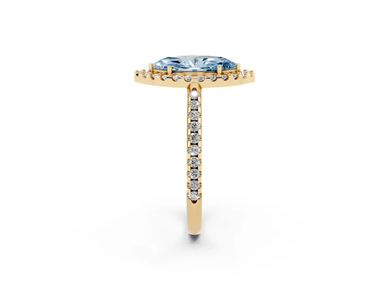 Marquise Pave Halo Engagement Ring Setting for a Fancy Blue Lab-Grown Diamond | Pave Band | Yellow Gold