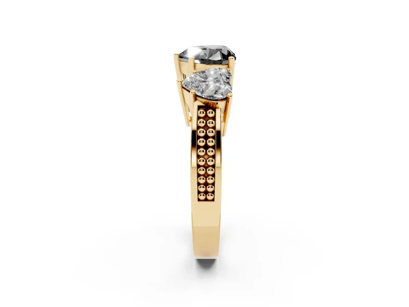 Heart-Shaped Three Stone Engagement Ring Setting for a Black Center | Beaded Shoulders | Yellow Gold