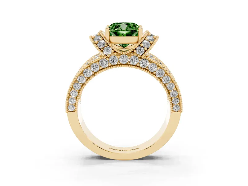 Cushion Cut Vintage Pave Engagement Ring Setting for a Fancy Green Lab-Grown Diamond | Milgrain Edges | Yellow Gold
