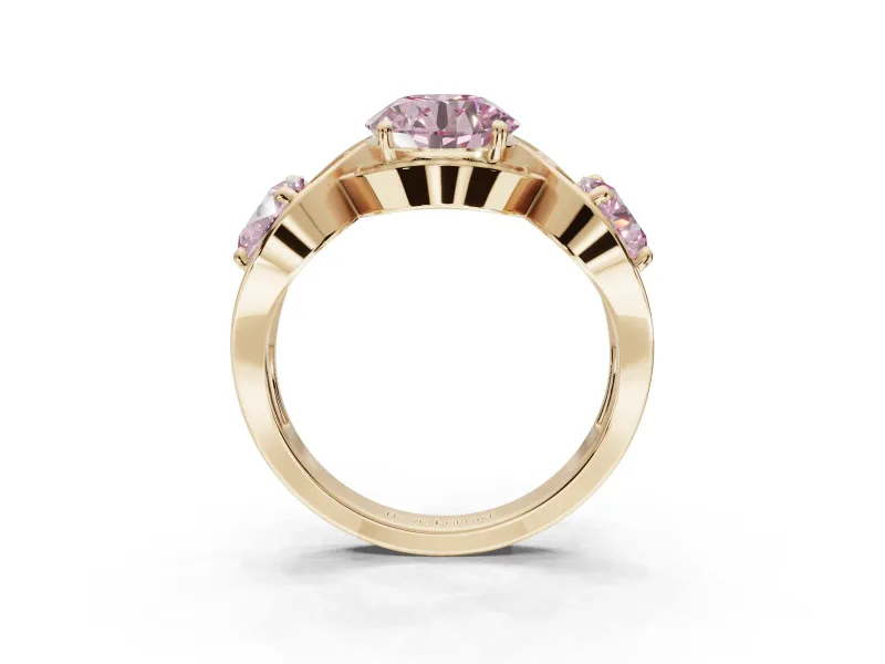 Round Three Stone Halo Engagement Ring Setting for a Fancy Pink Lab-Grown Diamond | Pavé Wave Band | Yellow Gold