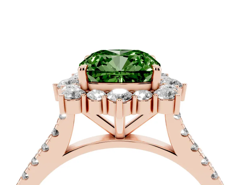 Cushion Cut Scalloped Halo Engagement Ring Setting for a Fancy Green Lab-Grown Diamond | Single Row Pave | Rose Gold