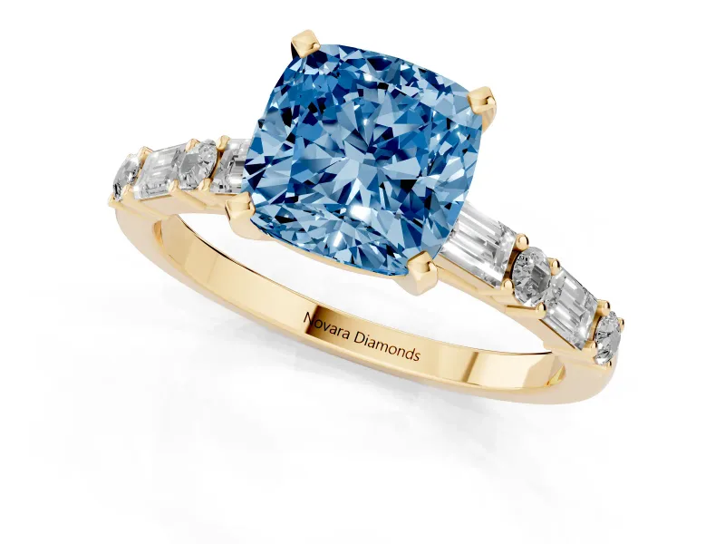 Fancy Blue Cushion Cut Diamond Solitaire Set in Yellow gold with Side Baguettes and Channel Set Band