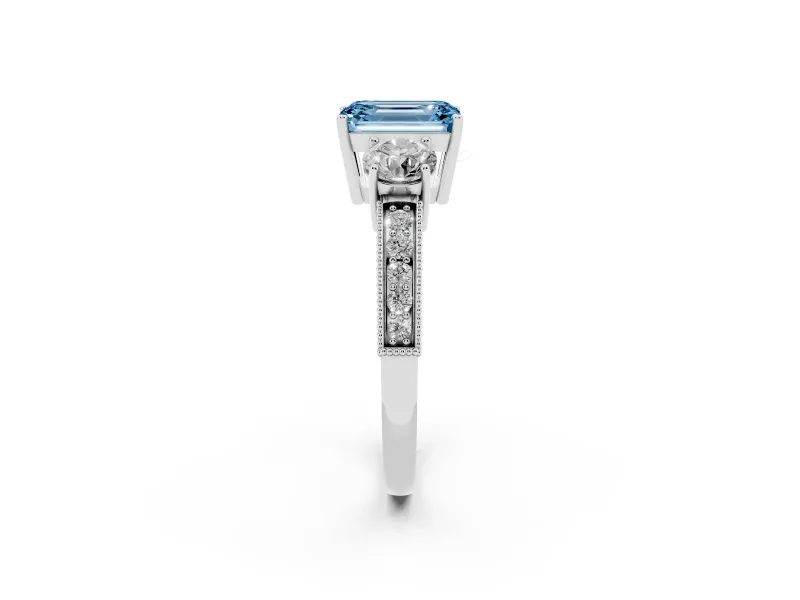 Emerald Cut Three Stone Engagement Ring Setting for a Fancy Blue Lab-Grown Diamond | Graduated Pave Band | Platinum