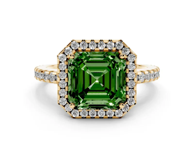 Fancy Green Asscher Cut Diamond Halo Ring Set in Yellow gold with Pavé Shoulders and Halo-Framed Center