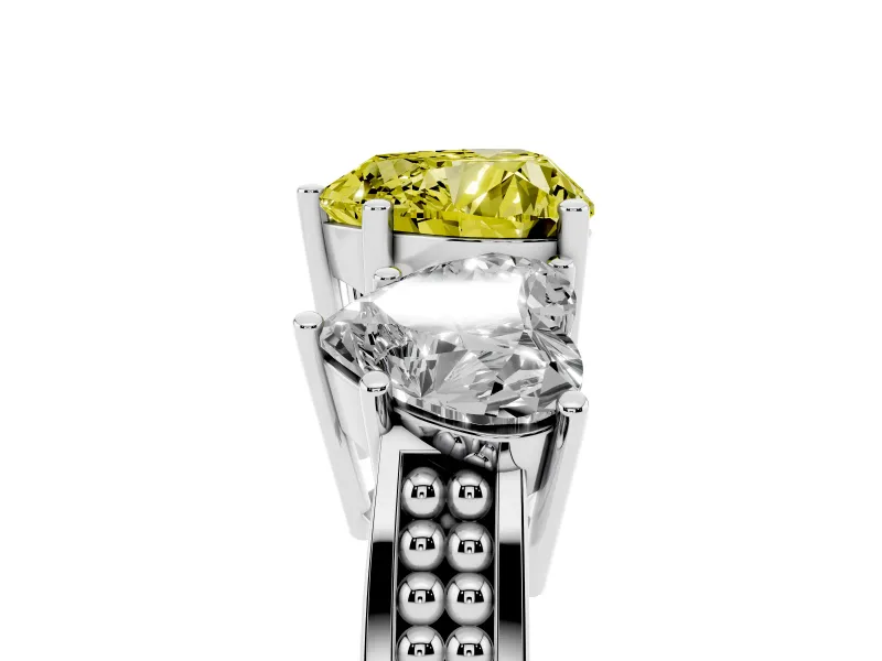Heart-Shaped Three Stone Engagement Ring Setting for a Fancy Yellow Lab-Grown Diamond | Beaded Shoulders | Platinum