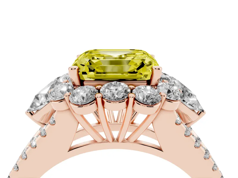 Fancy Yellow Asscher Cut Diamond Halo Split Shank Engagement Ring Set in Rose gold with Prong-Held Center Stone