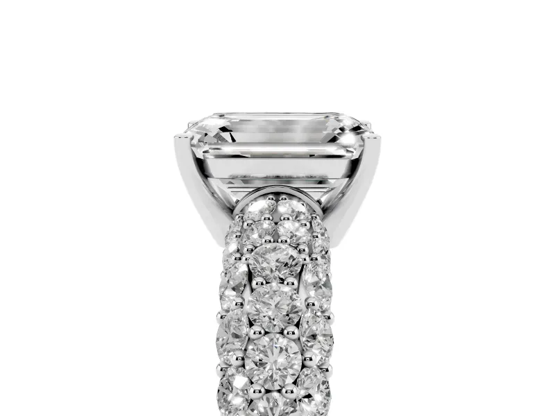 Emerald Cut Multi Row Pave Solitaire Engagement Ring Setting | Domed Shoulders | White Gold