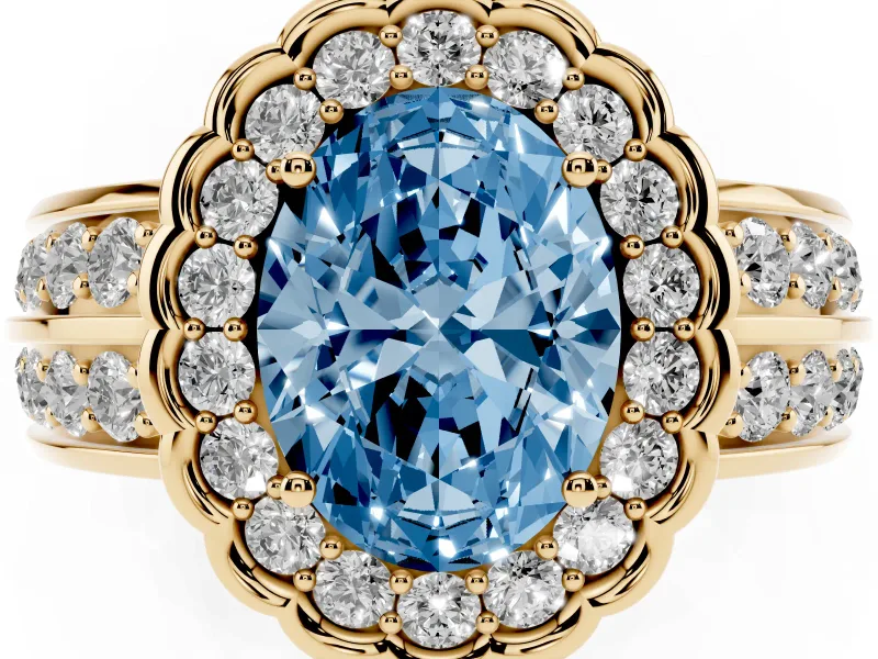 Fancy Blue Oval Cut Diamond Scalloped Halo Ring Set in Yellow gold with Pavé Split Shank
