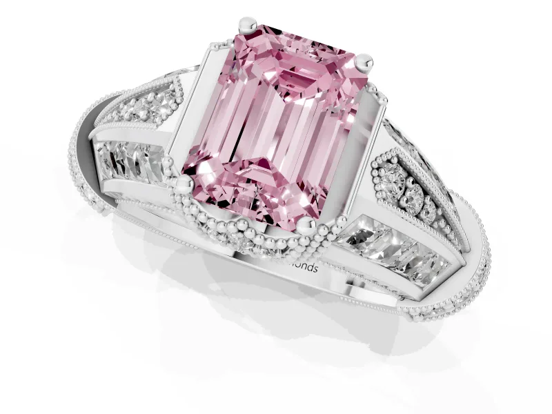 Fancy Pink Emerald Cut Diamond Vintage-Inspired Milgrain Ring Set in White gold with Accent Split Shank