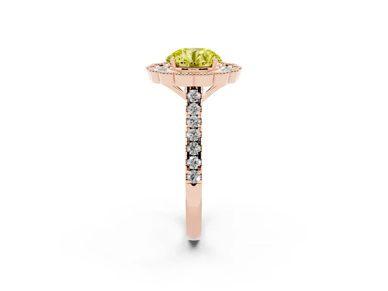Fancy Yellow Round Cut Diamond Milgrain Floral Halo Engagement Ring Set in Rose gold with Pavé Band