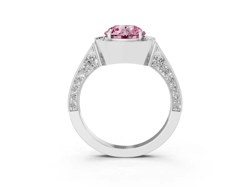 Round Milgrain Halo Engagement Ring Setting for a Fancy Pink Lab-Grown Diamond | Side Stones | Sterling Silver