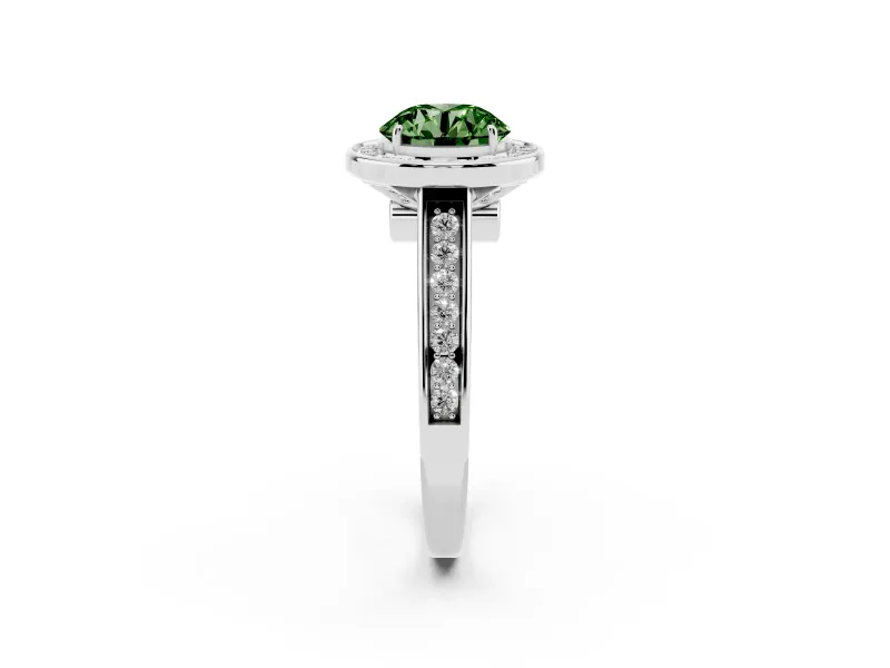 Fancy Green Round Cut Diamond Halo Solitaire Ring Set in Platinum with Pavé Band and Bezel Setting