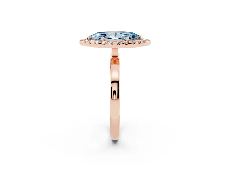 Fancy Blue Marquise Cut Diamond Halo Solitaire Ring Set in Rose gold with Pavé Band and Prong Setting