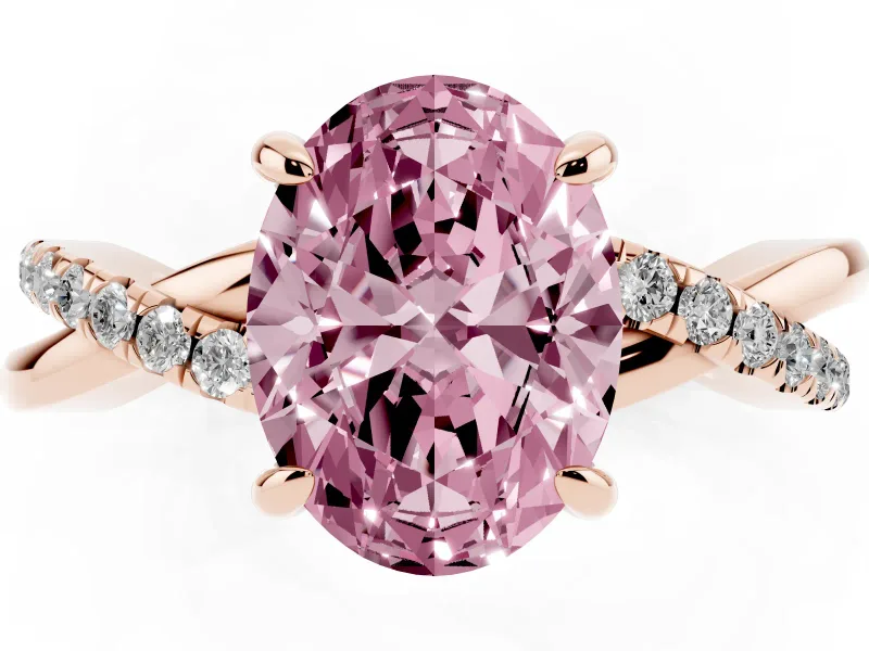 Fancy Pink Oval Cut Diamond Twist Band Solitaire Set in Rose gold with Pavé Accents and Prong Setting