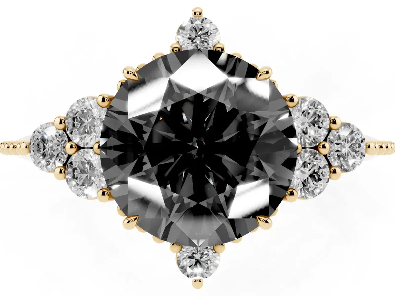 Round Vintage Cluster Engagement Ring Setting for a Black Center | Beaded Edges | Yellow Gold