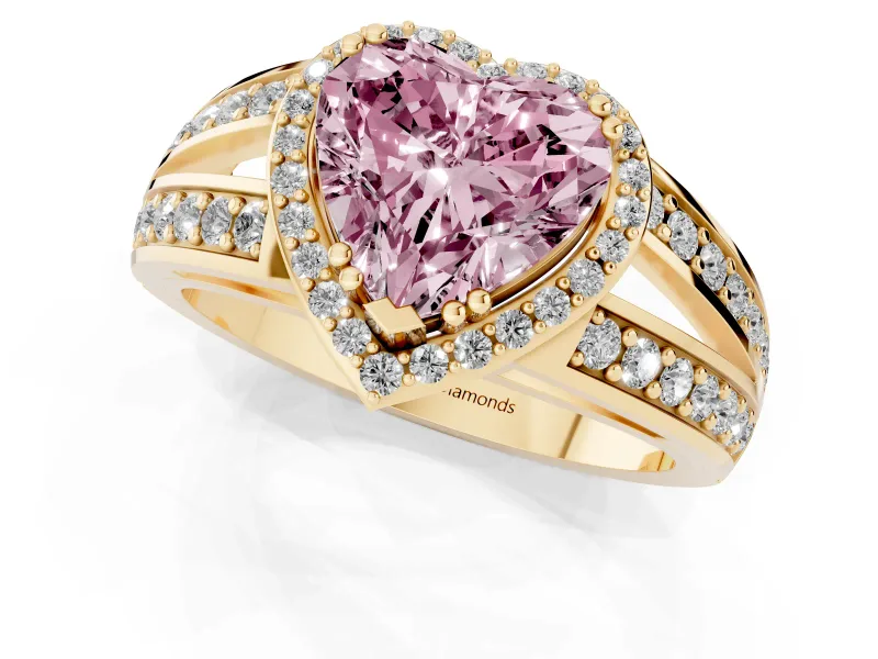 Heart-Shaped Halo Engagement Ring Setting for a Fancy Pink Lab-Grown Diamond | Two-Row Pave Split Shank | Yellow Gold