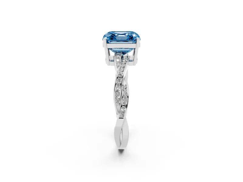 Fancy Blue Asscher Cut Diamond Solitaire Twisted Pavé Ring Set in White gold with Prong Setting