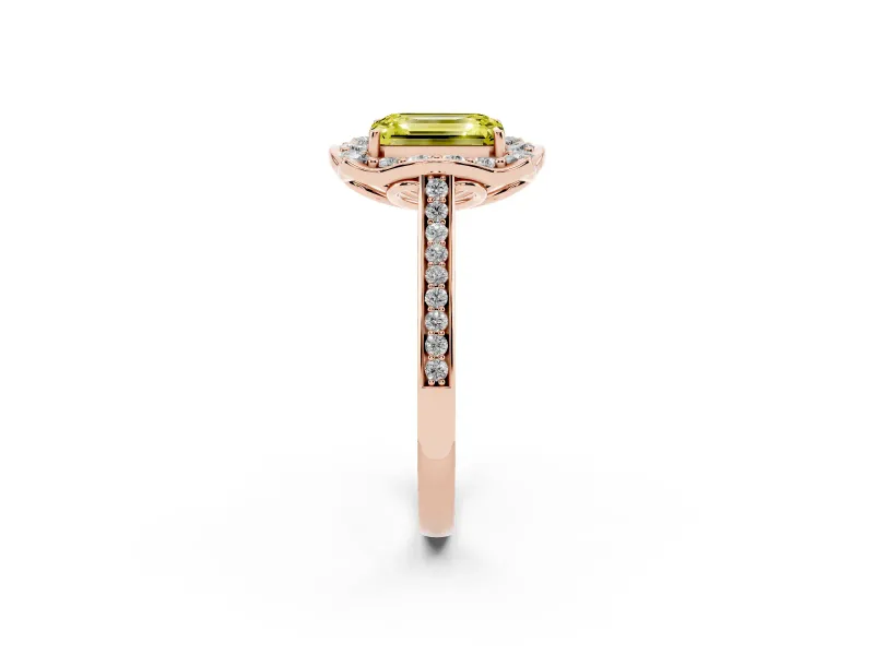 Emerald Cut Petal Tip Halo Engagement Ring Setting for a Fancy Yellow Lab-Grown Diamond | Pavé Band | Rose Gold