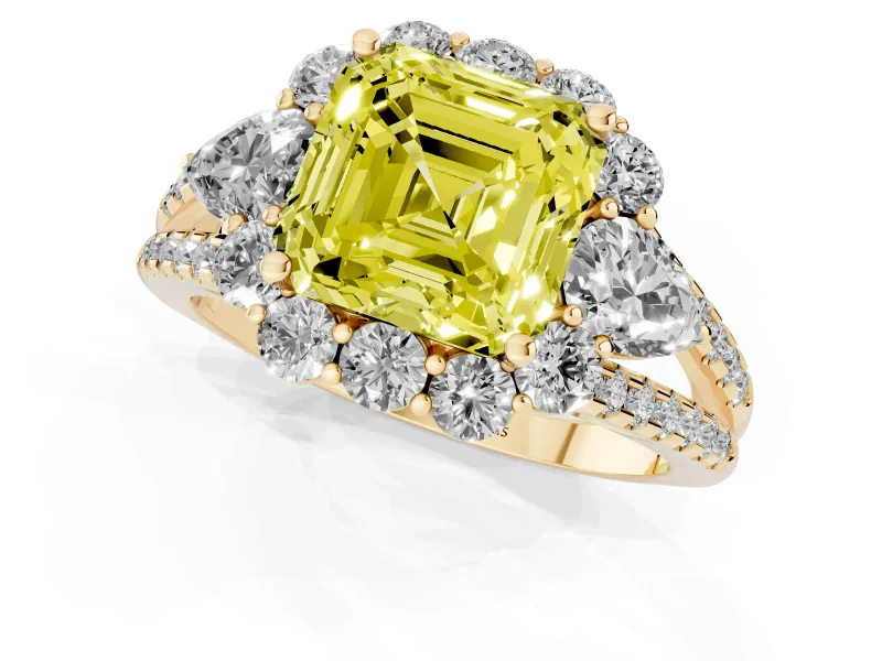 Fancy Yellow Asscher Cut Diamond Halo Split Shank Engagement Ring Set in Yellow gold with Prong-Held Center Stone
