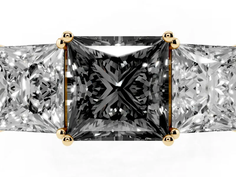 Princess Cut Three Stone Engagement Ring Setting for a Black Center | Beaded Shoulders | Yellow Gold