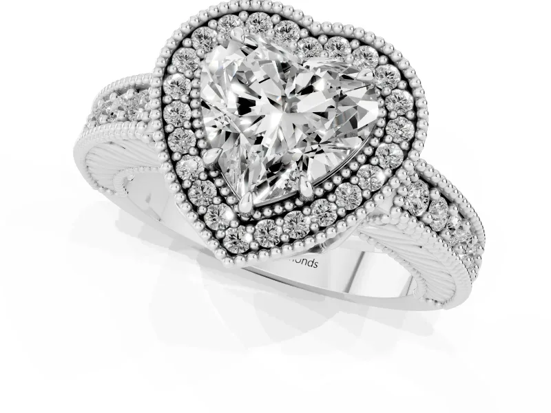 Heart-Shaped Vintage Milgrain Halo Engagement Ring Setting | Carved Leaf Detail | Platinum