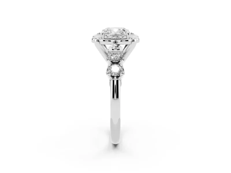 Cushion Cut Floral Engagement Ring Setting | Petal Frame and Side Stones | White Gold