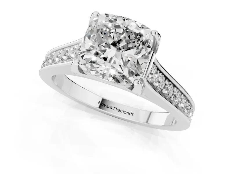 Cushion Cut Diamond Solitaire Pavé Engagement Ring Set in Silver with Prong Setting