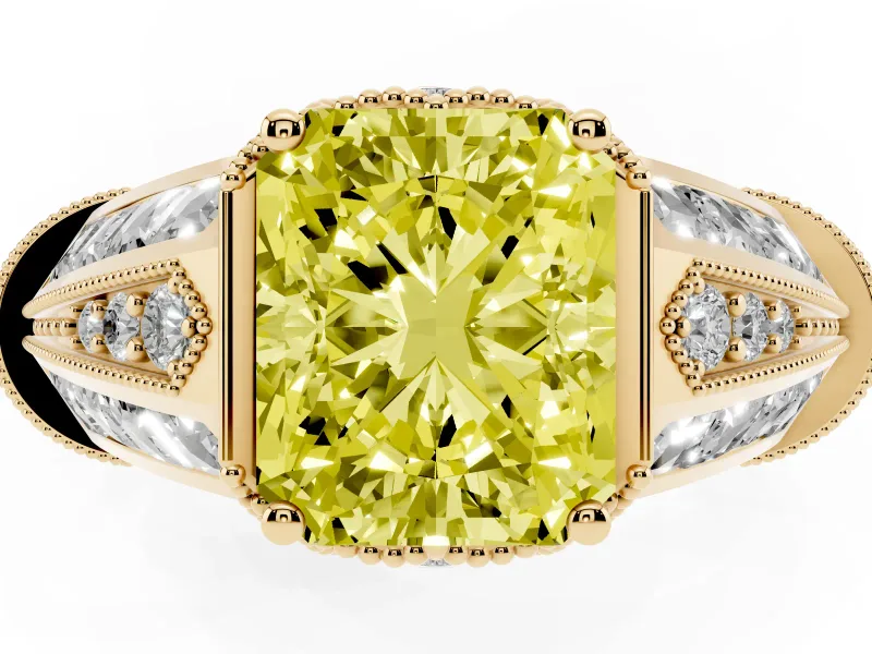 Fancy Yellow Radiant Cut Diamond Vintage-Inspired Milgrain Ring Set in Yellow gold with Accent Split Shank