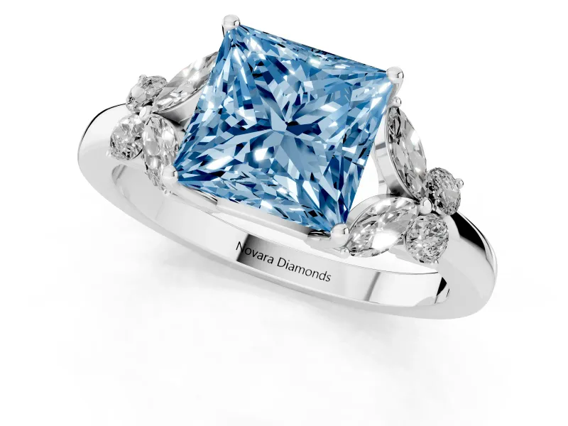 Fancy Blue Princess Cut Diamond Solitaire Floral Ring Set in Platinum with Marquise Petals and Prong Setting