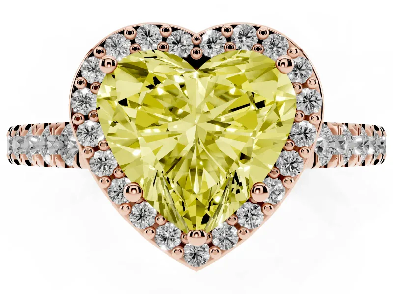 Fancy Yellow Heart Cut Diamond Halo Engagement Ring Set in Rose gold with Pavé Band and Prong Setting