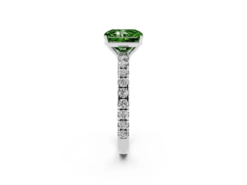 Radiant Cut Pave Engagement Ring Setting for a Fancy Green Lab-Grown Diamond | Shared Prong Band | Sterling Silver