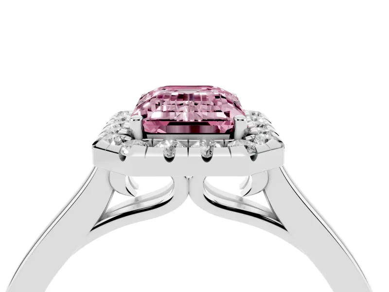 Fancy Pink Emerald Cut Halo Round Diamond Solitaire Ring Set in White gold with Pavé Band and Prong Setting