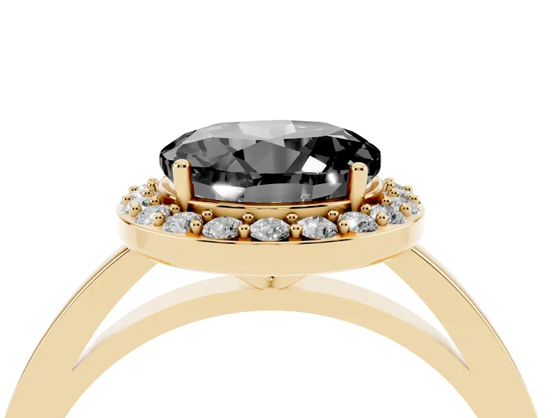 Fancy Black Round Cut Diamond Halo Ring Set in Yellow gold with Solitaire Band and Prong Setting
