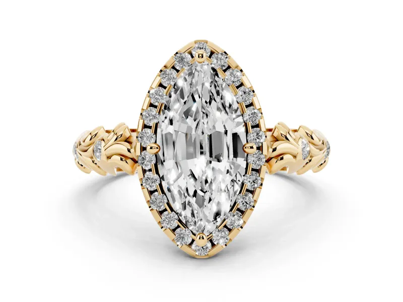 Marquise Cut Diamond Halo Ring Set in Yellow gold with Filigree Leaf Band and Prong Setting