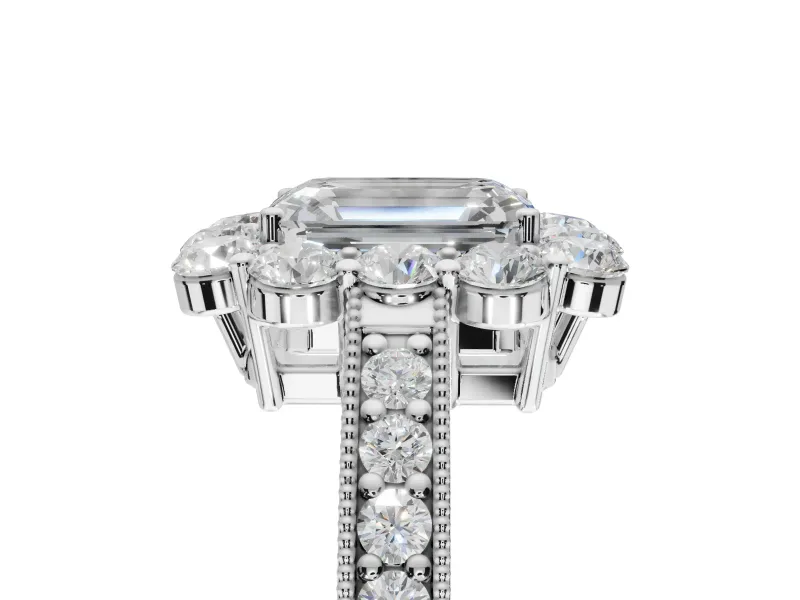 Emerald Cut Vintage Halo Engagement Ring Setting | Milgrain Channel Band | Sterling Silver