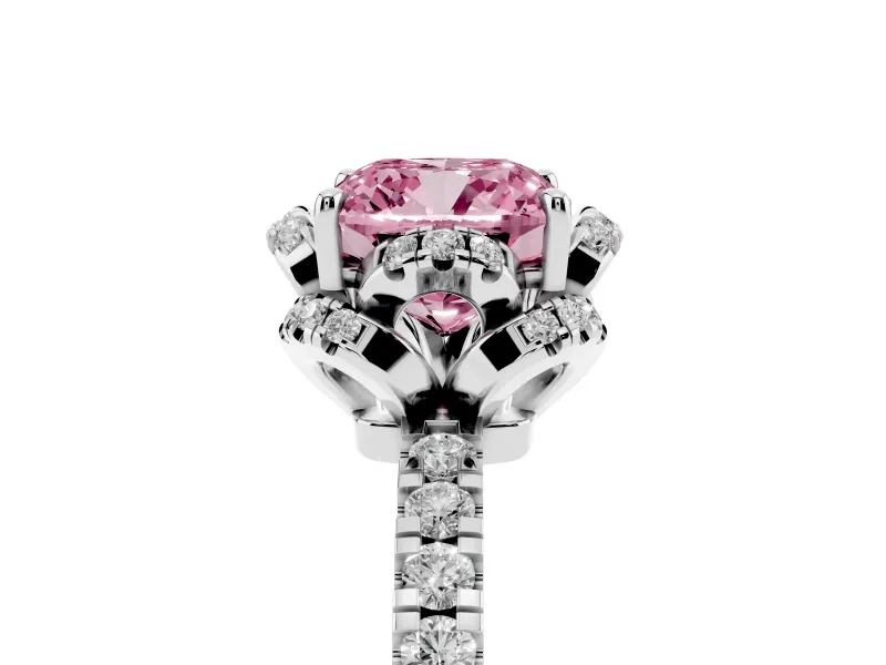 Fancy Pink Cushion Cut Diamond Halo Pavé Band Ring Set in Platinum with Prong-Held Center