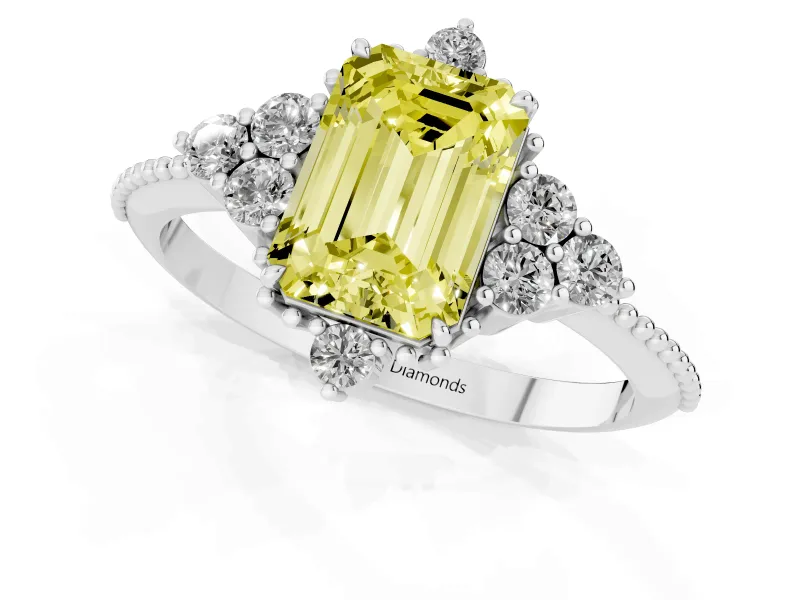 Emerald Cut Cluster Engagement Ring Setting for a Fancy Yellow Lab-Grown Diamond | White Gold