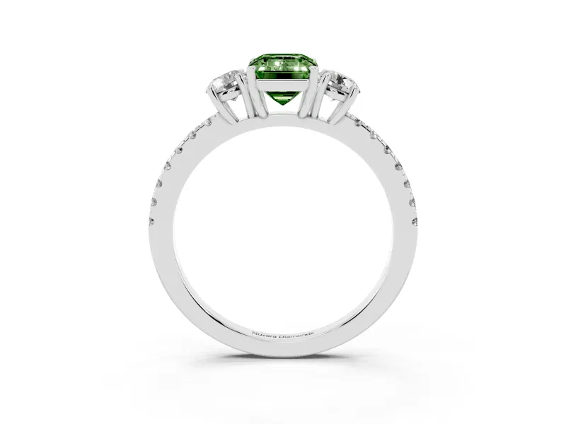 Emerald Cut Three Stone Engagement Ring Setting for a Fancy Green Lab-Grown Diamond | Pave Shoulders | Sterling Silver