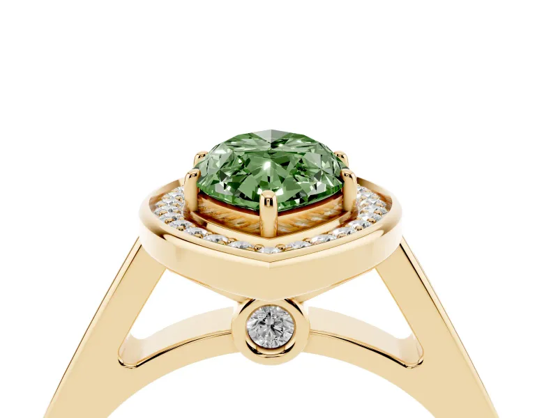 Fancy Green Marquise Cut Diamond Halo Solitaire Ring Set in Yellow gold with Pavé Band and Bezel Setting