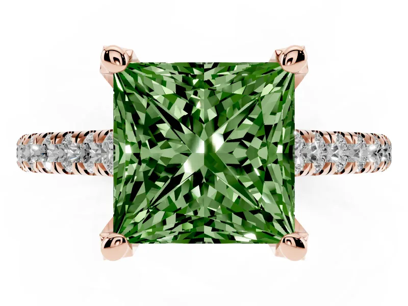 Princess Cut Hidden Halo Pave Engagement Ring Setting for a Fancy Green Lab-Grown Diamond | Claw Prongs | Rose Gold