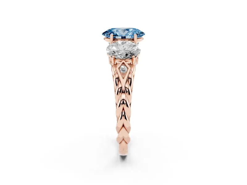 Fancy Blue Oval Cut Diamond Three-Stone Ring Set in Rose gold with Braided Band