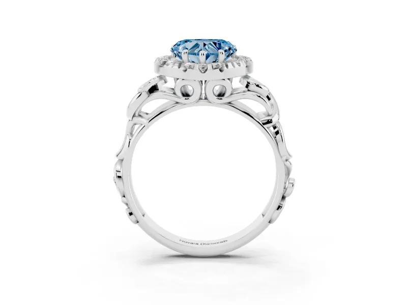 Heart-Shaped Filigree Halo Engagement Ring Setting for a Fancy Blue Lab-Grown Diamond | White Gold