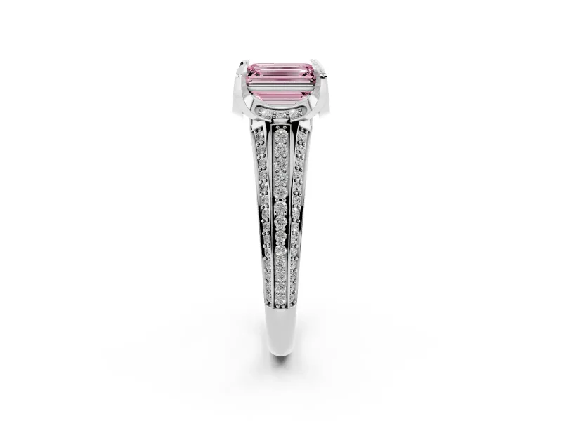 Fancy Pink Emerald Cut Diamond Pavé Split Shank Solitaire Ring Set in Silver with Prong Setting