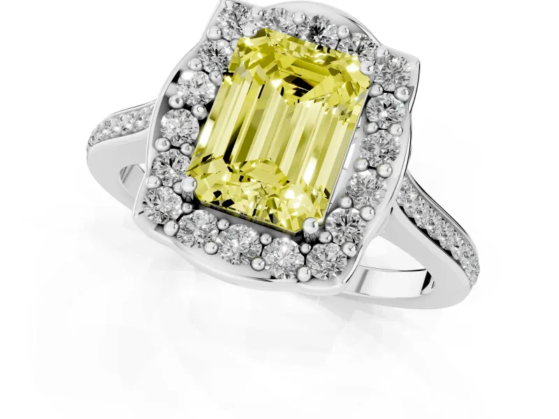 Emerald Cut Petal Tip Halo Engagement Ring Setting for a Fancy Yellow Lab-Grown Diamond | Pavé Band | Platinum